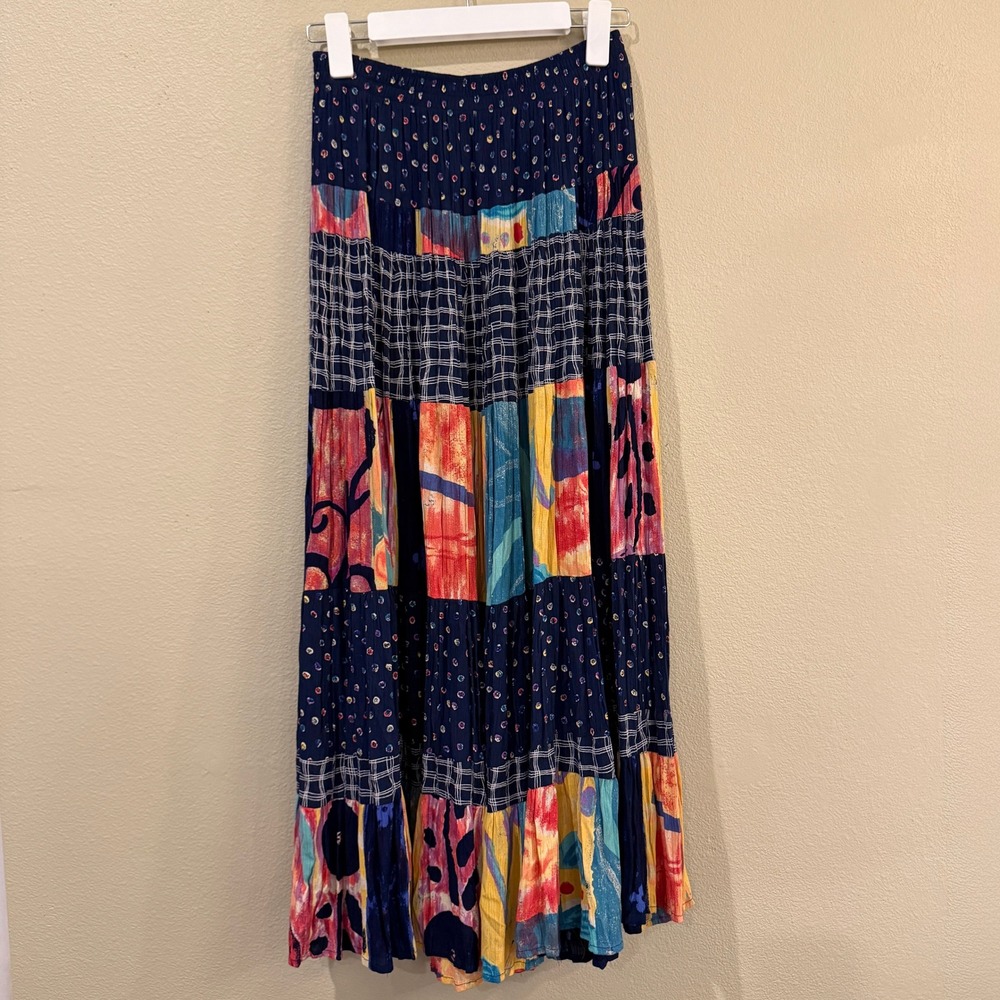 Vintage Maxi Skirt Navy Blue Patchwork Floral Tiered Crinkle Boho Art To Wear